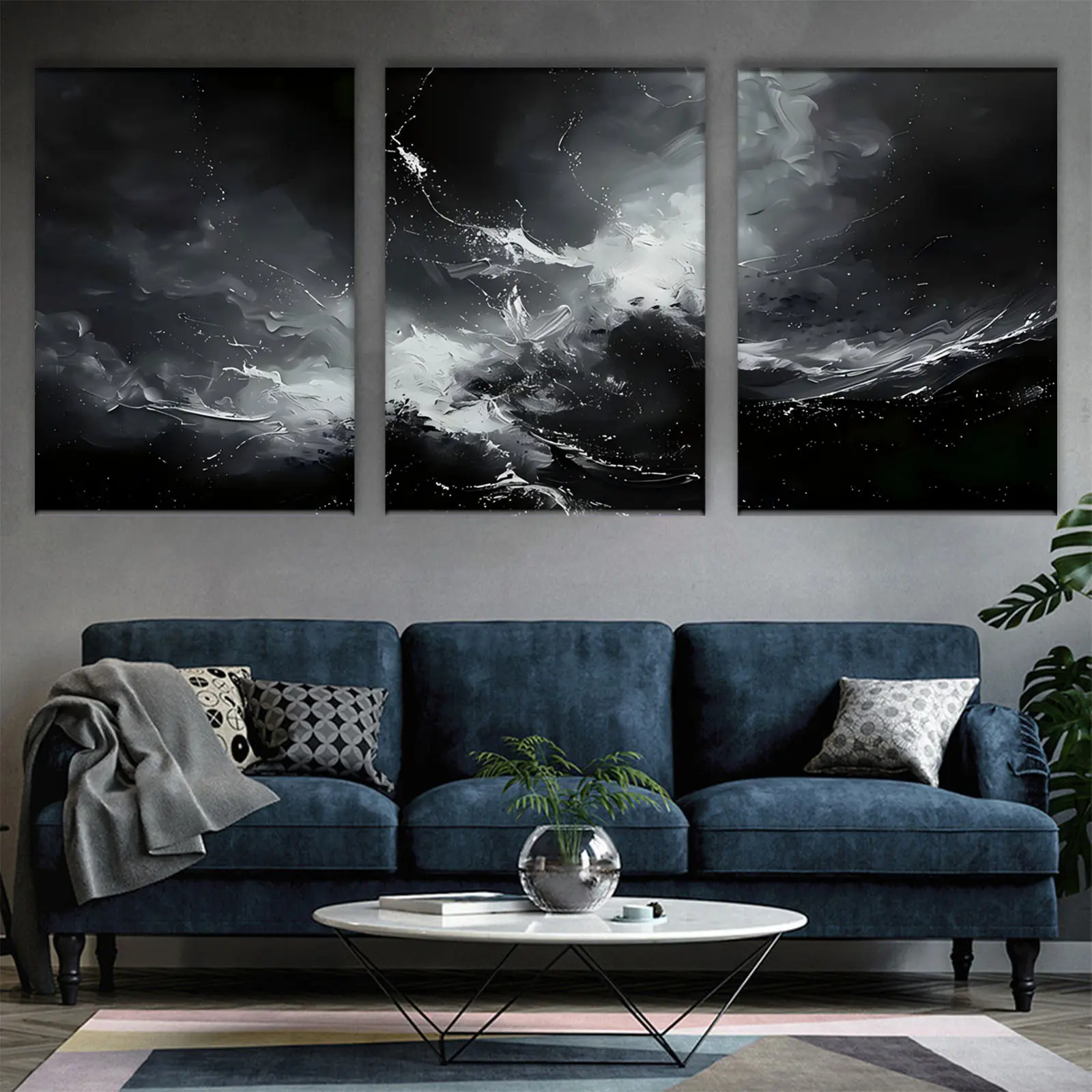 3pcs 12*16*0.75in-Framed Artistic Abstract Black White Storm Scene Hanging Canvas Wall Art Set - UV Resistant, Eco-Friendly Wrapped Wood Frame, High-Quality Print, Multi-Size 16"x24" Option, Modern Home Decoration for Living Room, Ideal Gift, Black And Wh