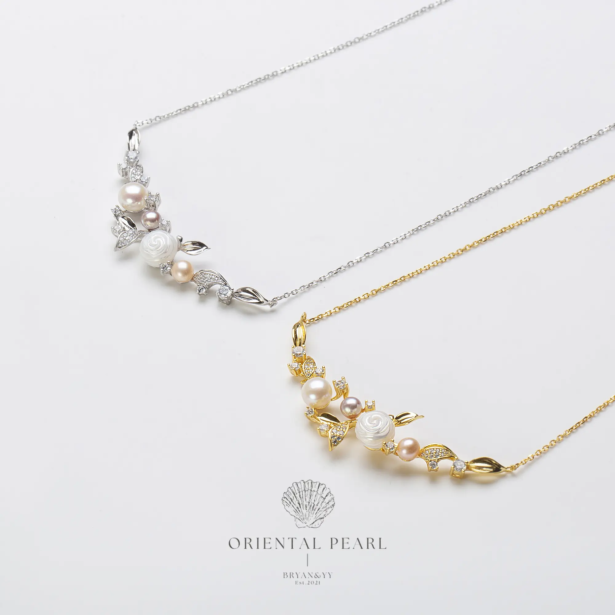 NC030-Smile Laurel Wreath | Rose‑Accent Pearl Necklace, Freshwater Cultured Pearls 4–8 mm, Curved “Smile” Pendant, Adjustable, Gift Ready