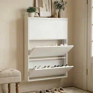 Slim Shoe Cabinet with 3 Flip Drawers, Wall Mounted Metal Shoe Storage Cabinet for Entryway Hallway Narrow Space Organizer, White