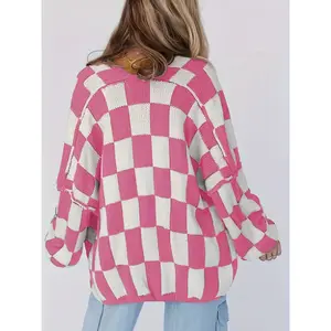 Plaid Open Front Knit Cardigan, Casual Long Sleeve Drop Shoulder Sweater Coat, Women's Clothing knit checkered cardigan