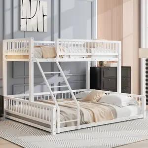 Twin XL over Queen Floor Bunk Bed Frame with Ladder and Safety Guardrails, Easy Assemble, for Kids Teens, White