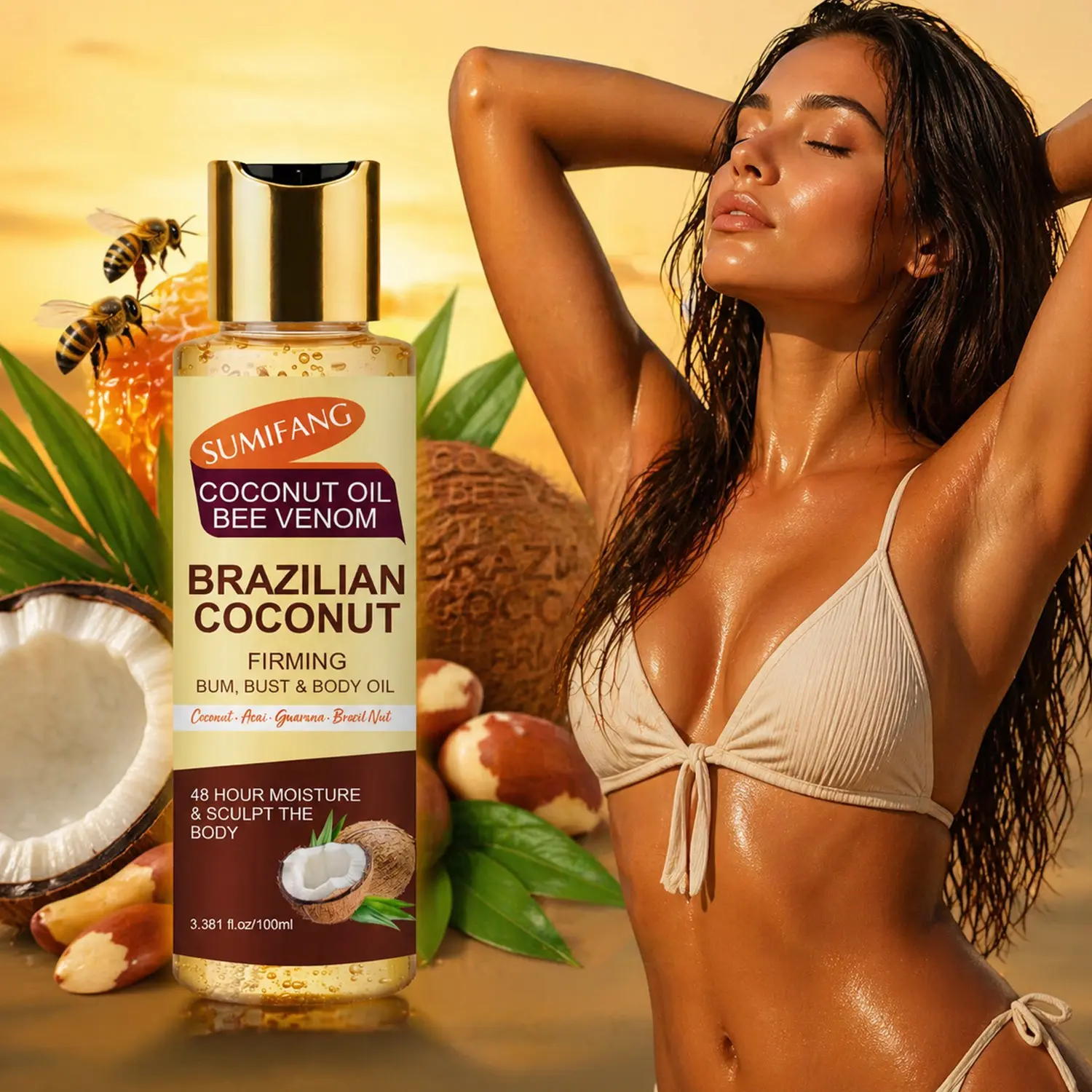 SUMIFANG Brazilian Coconut Firming Body Oil 100ml, Hydrating Moisturizing Oil, Coconut oil + bee venom + Brazil nut oil, Firms body, sculpting curves, improves elasticity, leaving skin smooth, soft, moisturizing, helps improve cellulite