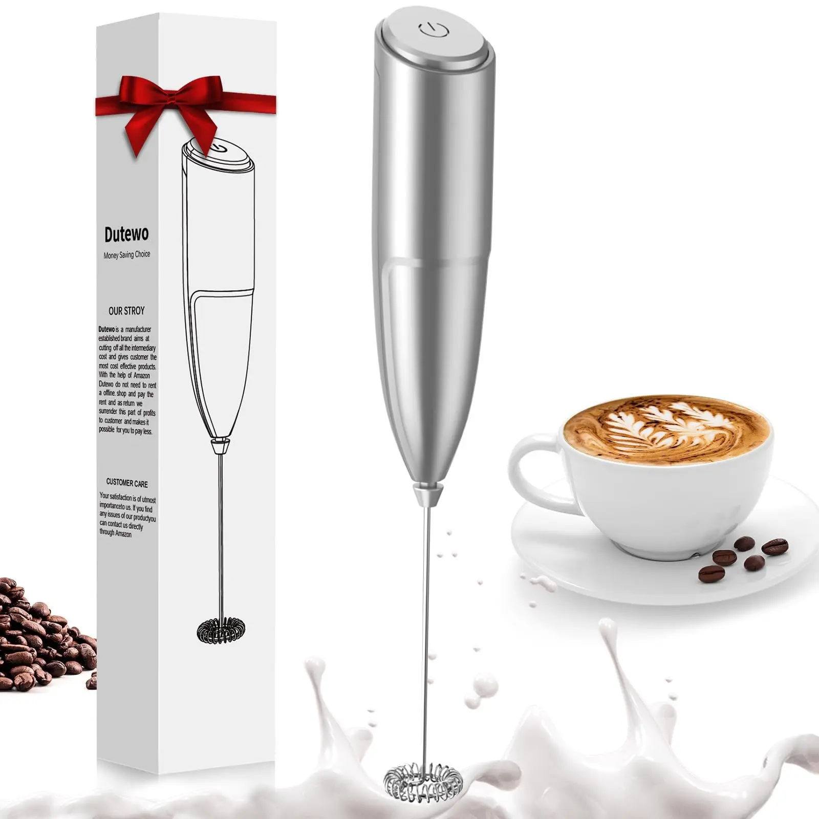Dutewo Cordless Battery-Operated Portable Handheld Egg Whisk, Office & Camping Milk Frothing Tool with RPM Motor – Coffee Frother Mixer for Lattes, Cappuccino, Silver Kitchen Utensil