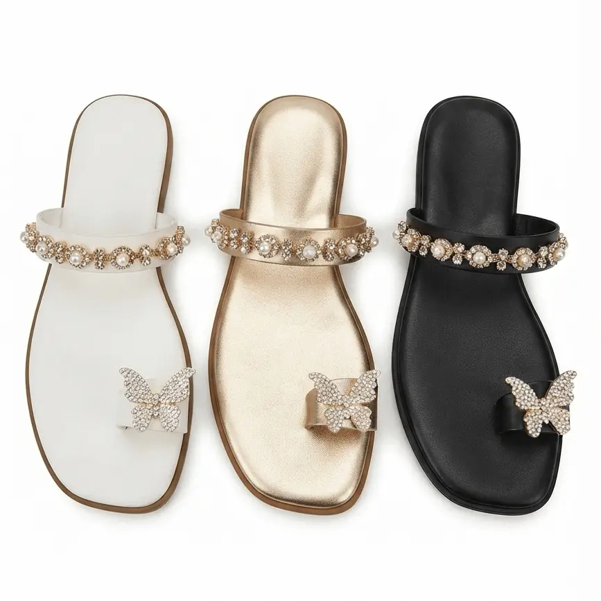 Sparkling Butterfly & Pearl Embellished Toe-Ring Flat Sandals