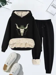 Women's Cow Head Letter Print Hoodie & Drawstring Waist Pants Thermal Lined Two-piece Set, Casual Long Sleeve Hooded Sweatshirt & Pocket Trousers for Daily Wear, Ladies Fall & Winter Clothes