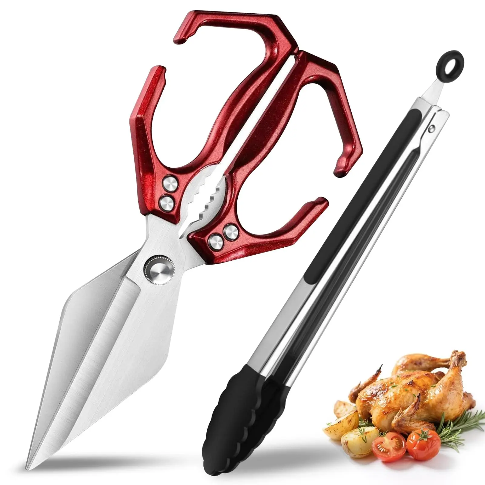 AURAME Sturdy Lightweight Stainless Steel Kitchen Scissors with Aluminum Alloy Handle, Multi-Purpose Cooking Shears with Loop