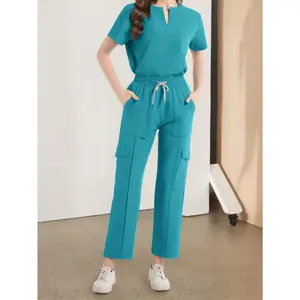 Sets of Surgical Pajamas for Women, Including Scrubs for The Operating Room, Featuring a Top And Pants with a Round Neck, Straight Leg Cargo Pockets, Short Sleeves, And an Elastic Waistband with a Drawstring for Easy Adjustment, Suitable for Nurses