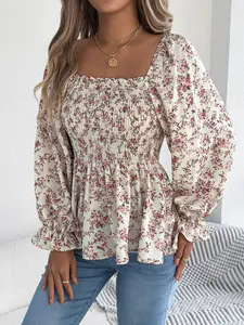 Women's Ditsy Floral Print Ruffle Trim Blouse, Boho Fashion Top for Holiday, Vacation and Daily Wear, Women's Clothing for Spring & Fall, Womenswear