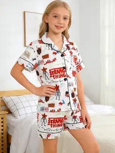 Kids Pajama Set, Cartoon Monster Pattern, Fashion Open Cardigan, Short Sleeve, Flame Retardant, All Seasons, Party Gift Set