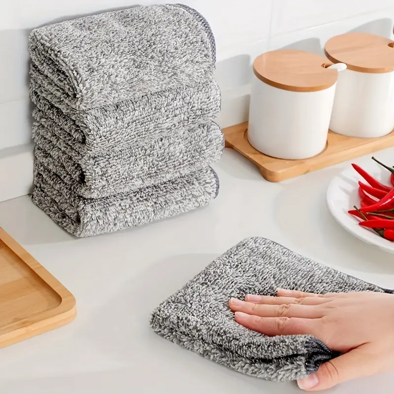 5pcs, Bamboo Charcoal Cleaning Cloth, Dishwashing Cloth, Multifunctional Cleaning Towel, Household Rag, Kitchen Bathroom Cleaning Towel, Durable Absorbent Towel, Window Wiping Cloth, Cleaning Supplies, Cleaning Gadgets, Soft Cleaning Towel