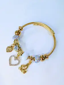 Honey Glow Heart & Swan Adjustable Bangle - Casual Trendy Jewelry, Fashionable Bracelet, Elegant Twisted Cable Chain Jewelry Accessory with Sparkling Crystals, April Birthstone, Preppy Aesthetic Valentine’s Gift