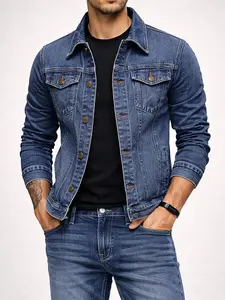 ESDVQ Men's Denim Jacket - Longsleeves, Vintage Washed Cotton Blend, Plain, Multi-Pockets, Medium Length, Regular Fit, Retro Vibe Top for Daily Casual Streetwear