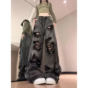 SexyWomenRippedJeansHighWaistFashionAmericanVintageStreetwearHarajukuY2KHipHopWideLegJeanFemaleDenimTrouserBaggyDenimPants