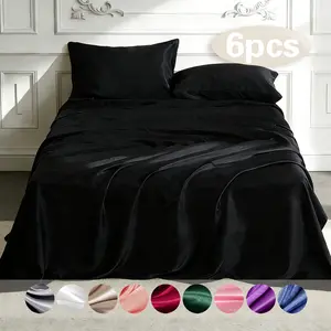 6-piece 100% polyester satin bed sheet set, including (1 fitted sheet + 1 flat sheet + 4 pillowcases), complete bedding set, solid color, machine washable - bedroom essentials, suitable for single, double, king, and queen size beds.