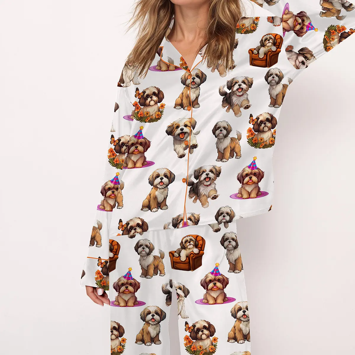 Shih Tzu Charm Pajama Set For Women Print Comfy Satin Sleepwear & Loungewear Pjs Short Sleeve Top & Bottoms Shorts Without Pockets - SHESHOW