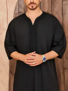 Men's Moroccan Thobe, Casual Embroidery Kaftan with Pocket, Traditional Muslim Robe for Eid & Everyday Wear