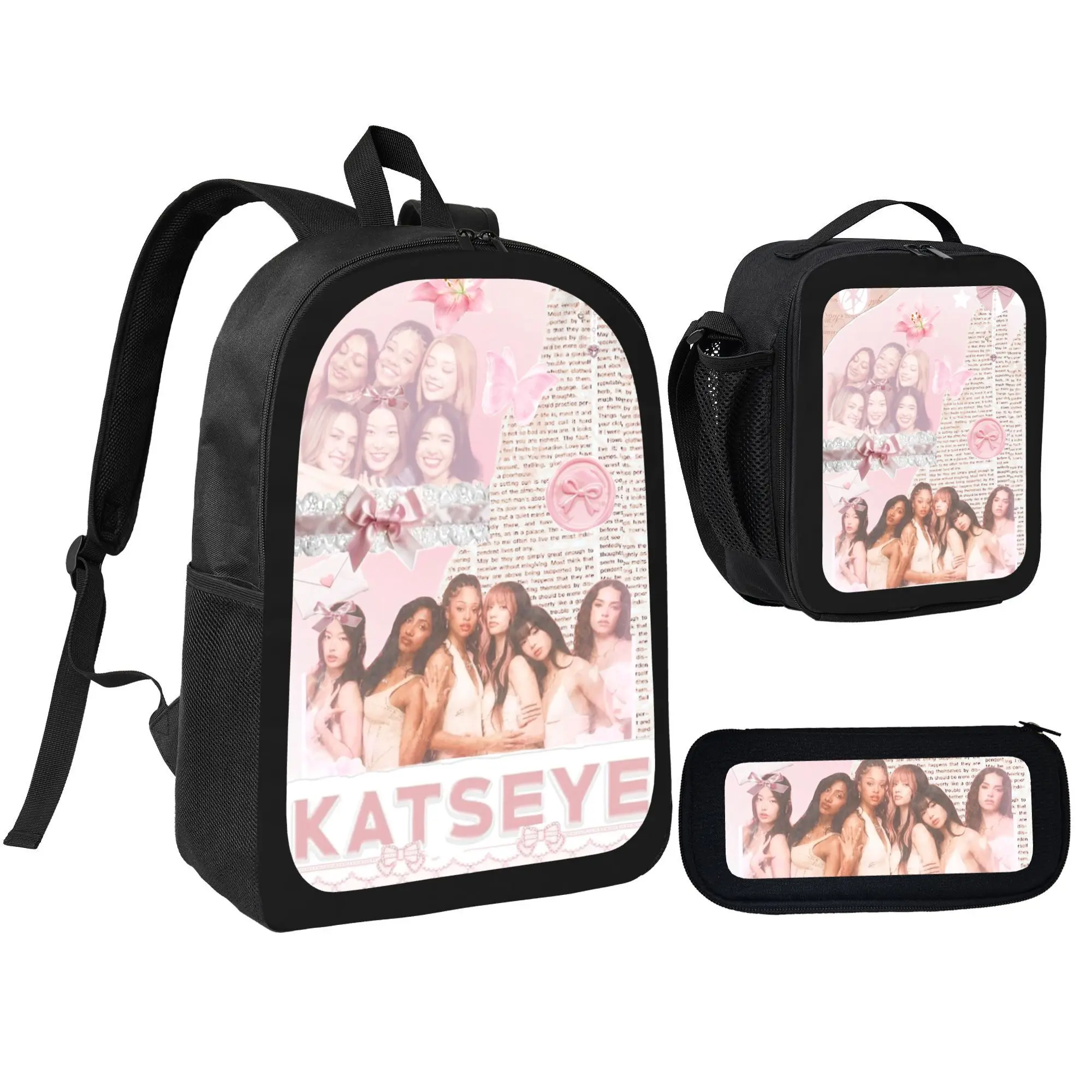Katseye 3 In 1 Backpack Bundle, Backpack with Insulated Lunch Tote & Zipper Pouch, Stylish Kpop Fan Merch Carry Bag Lunch Container Stationery Kit