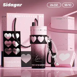 [Sidagar] 24oz Tumbler Water Bottle Cup For Women, Heart Silicone Band With Bracelet Charm, 316L Stainless Steel Ceramic-Coated Interior, Leak-Proof Straw Lid, Portable Drinkware Flask, Wide Mouth Easy Clean, Fits Car Cup Holder, Gift