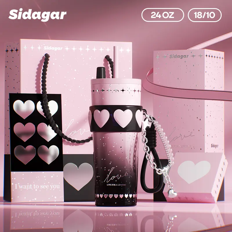 [Sidagar] 24oz Tumbler Water Bottle Cup For Women, Heart Silicone Band With Bracelet Charm, 316L Stainless Steel Ceramic-Coated Interior, Leak-Proof Straw Lid, Portable Drinkware Flask, Wide Mouth Easy Clean, Fits Car Cup Holder, Gift