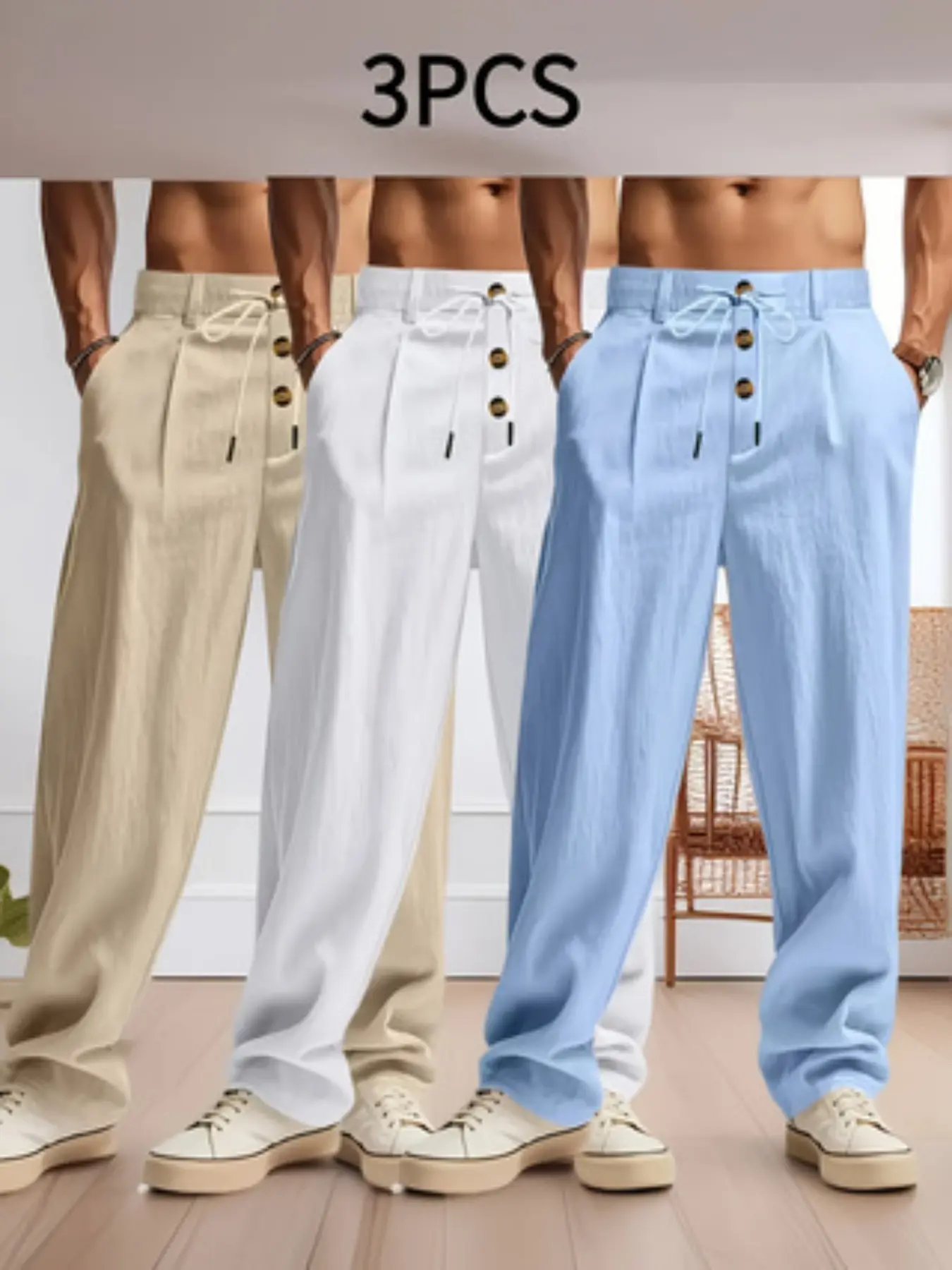 3-Pack Men's Lightweight Linen Fabric Straight-Leg Pants, Drawstring Waist with Decorative Buttons, Breathable Loose Plain Casual Trousers, Spring/Summer/Autumn Minimalist Streetwear for Outdoor, Business Casual, Dating & Beach Summer Outdoor Bottoms