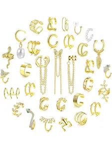 Glamorous 32 Pcs Golden Ear Clips Adjustable Golden Alloy Ear Cuffs for Women Men Non Piercing Ear Cuff Earrings Snake Butterfly Cuff Earring Dangle Chain Fake Cartilage Helix Wrap Ear Clip Earrings Jewelry Set
