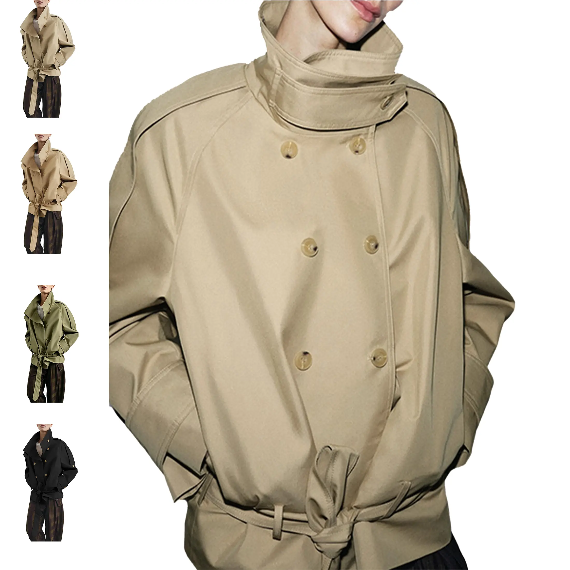 Women's Cropped Trench Coat - Funnel Neck, Double Breasted, Belted, Long Sleeve, Loose, Windproof Tops - 2026 Trendy Minimalist Basic Fall Winter Outerwear for Street Commute OOTD