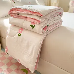 A lightweight summer quilt featuring a pink floral pattern—soft, breathable, and perfect for keeping cool, Lightweight quilts. Ideal for use in the bedroom, general home relaxation during the summer months Floral Print Quilt