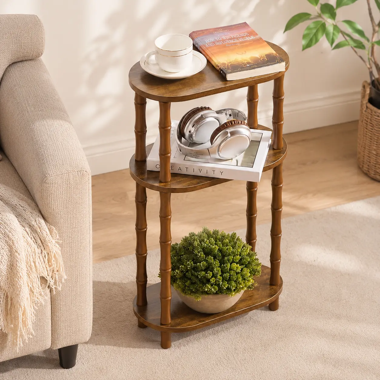 Dark Brown 3-Tier Narrow Oval Farmhouse Style Rustic Wood Side Table - No-Tool Easy Assembly Accent Table, Space-Saving Slim Nightstand for Bedroom Living Room Tight Corners, 15.7"×7.7"×24.4" Open Storage Plant Stand