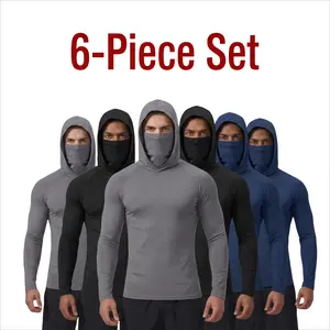 6 Pack Men's Tactical Ninja Hoodie with Built-in Mask - Lightweight Breathable Long Sleeve Riding Shirts for Motorcycle & Workout