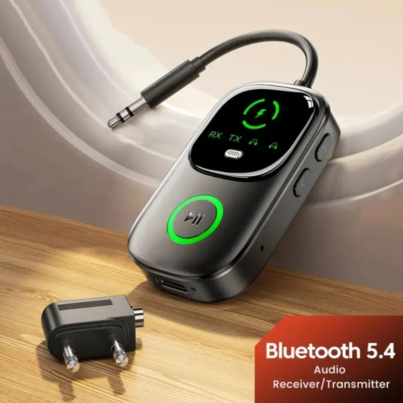 Bluetooth 5.4 Dual Mode Audio Receiver-Transmitter Adapter with 3.5mm Port, 300mAh Li-Polymer Battery, 12×3.5×1.5mm Size, 23g Weight, 18 Hours Playtime, Low Latency, Hands-Free Call, Seamless Switching for Cars, TVs, Gym Equipment, Airplanes