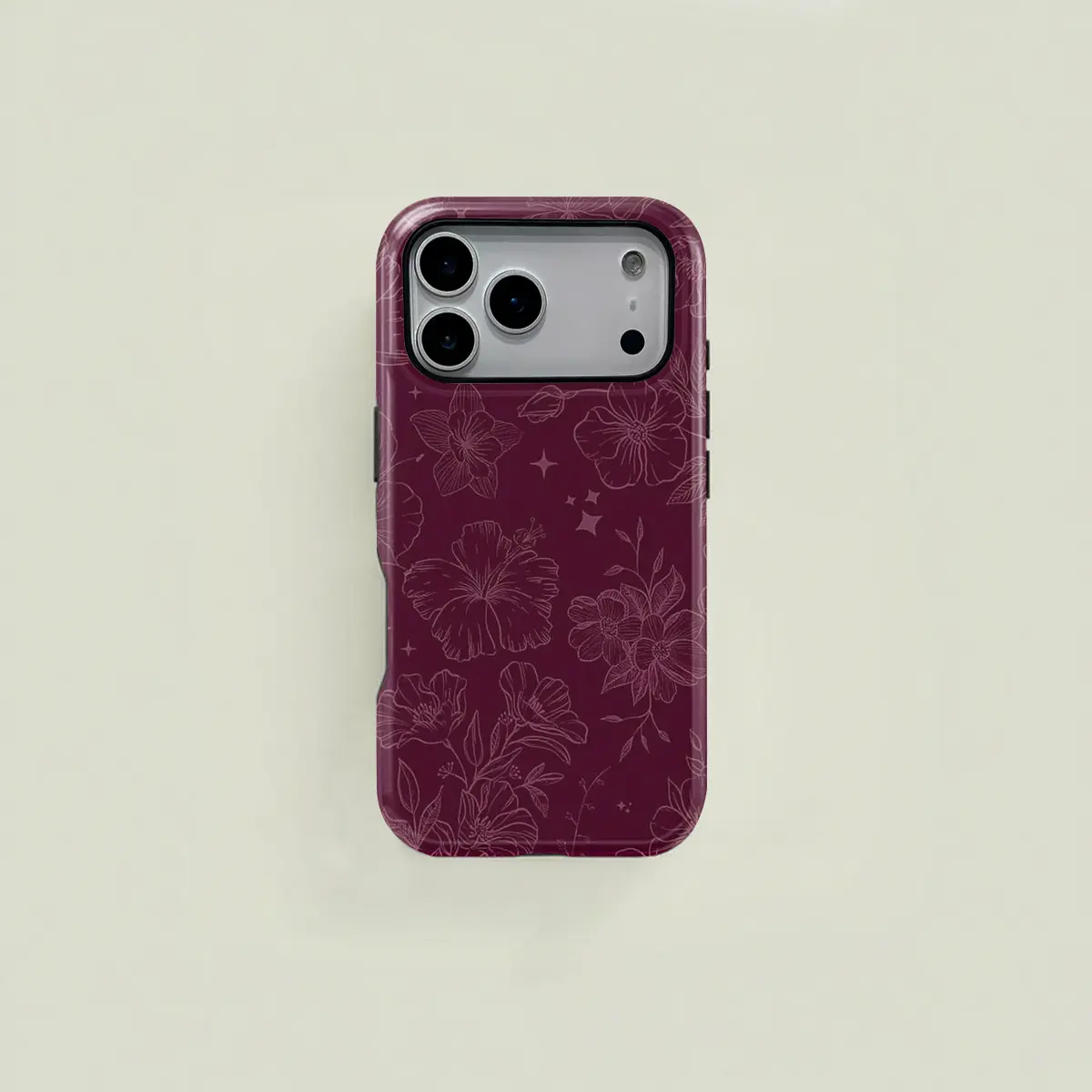 Wine-red retro elegant floral and star line drawing pattern protective case, sturdy and durable 2-in-1 case, compatible with iPhone 17/16/15/14/13/12/11 Pro Max/Plus/Pro, Samsung Galaxy S25/S24/S23 Ultra series, simple and stylish phone case.