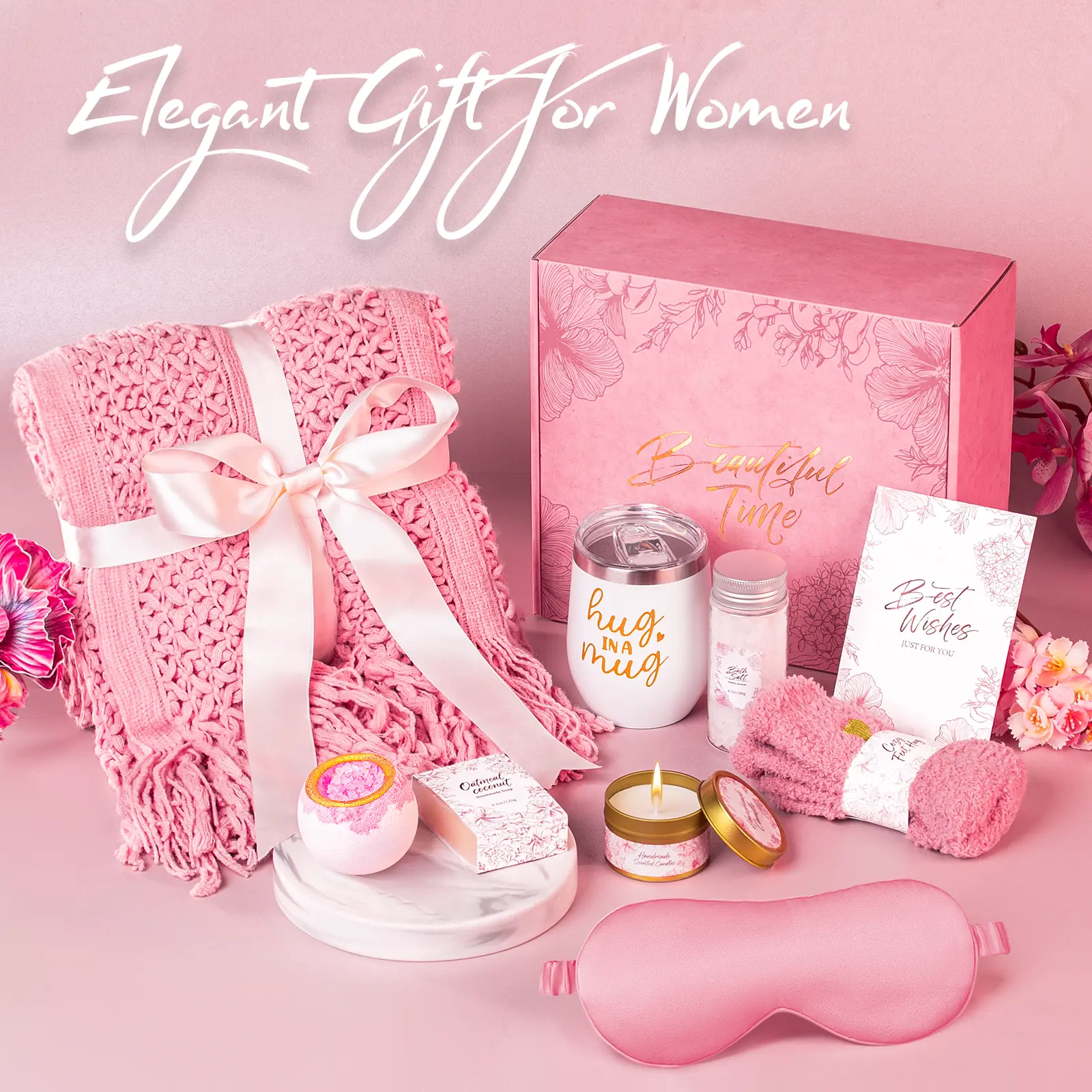 Cozy Gift Basket for Women with Flannel Blanket & Insulated Tumbler, Relaxing Spa Self Care Set for Mom, Wife, Girlfriend, Mother’s Day & Birthday Gifts