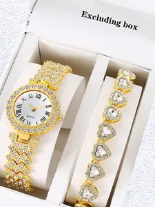 2-Piece Exquisite Women's Roman Dial Diamond Quartz Watch Set Diamond Wrist Watch
