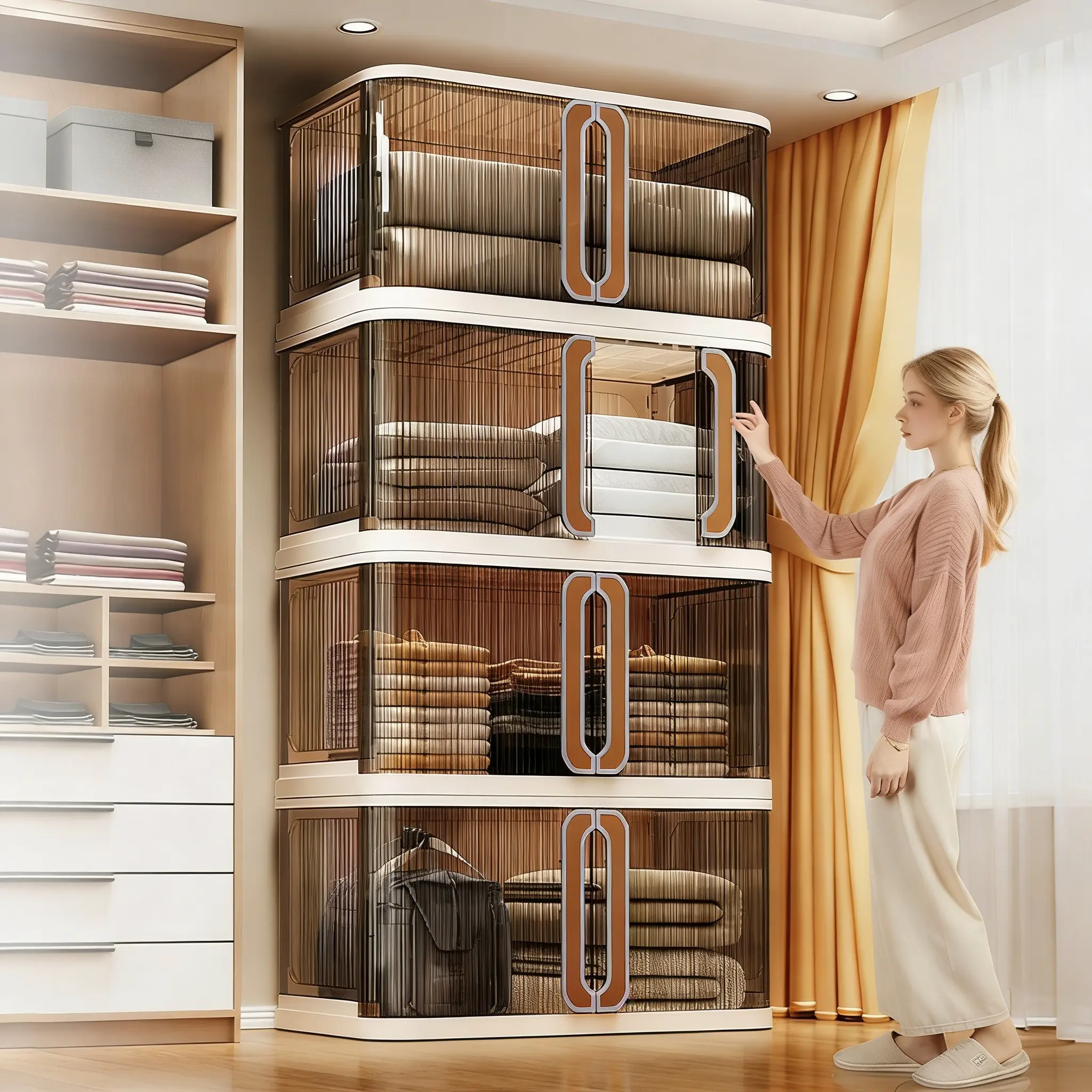 Foldable Storage Box with Lid, 1-5 layers Holders with Wheels for Kitchen Bedroom Bathroom Warehouse Kitchen Home Storage Stackable Organizer