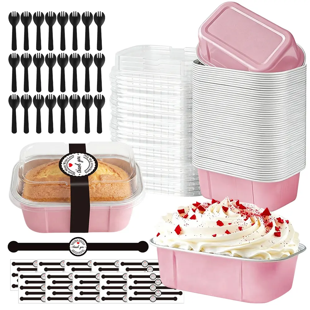 50Pcs Mini Loaf Pans With Lids And Spoons,5.5 Oz Rectangle Mini Individual Cake Tins Disposable Small Aluminum Foil Baking Pans(Pink) - Home Improvement.