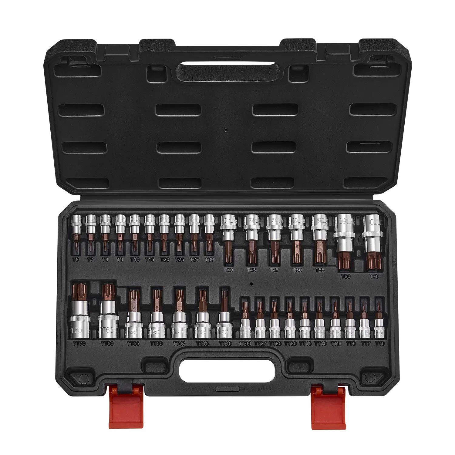 VEVOR 34-Piece Torx Bit Socket Wrench Set - T6-T70 Solid Star & Tamper Proof, S2 Alloy & Cr-V Steel, 1/4 in-3/8 in-1/2 in Drives, Enhanced Storage Case, Multi-Size Mechanic Equipment Tools for Mechanics, Tool Upgrade