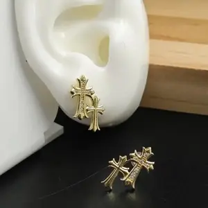 Gold Double Cross Earrings for Women & Men – 14K Gold Plated Double Piercing Cross Hoops, Lightweight Everyday Accessory Earrings