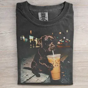 Funny Chocolate Lab Drinking Iced Coffee T-Shirt, Cute Chocolate Labrador Coffee Lover Tee, Dog Mom Dog Dad Shirt, Funny Summer Dog Graphic Tee, Iced Coffee Lover Gift, Gift for Men Women