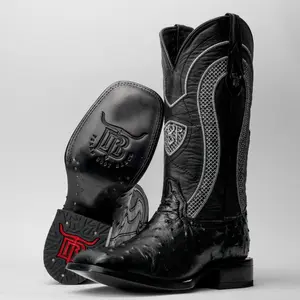 Black Ostrich Leather Boots - Square Toe