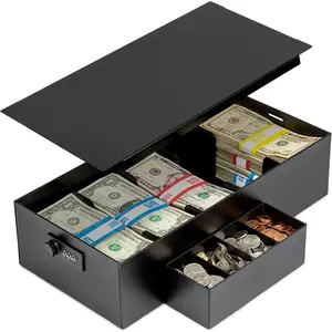 Box  Organizer - 15 x 7.5 x 4 Cashbox 5 Compartments Drawer Tray - Bills and  Slot with Combination Lock for POS Register, Kiosk, Retail, Personal and Business Use, Black
