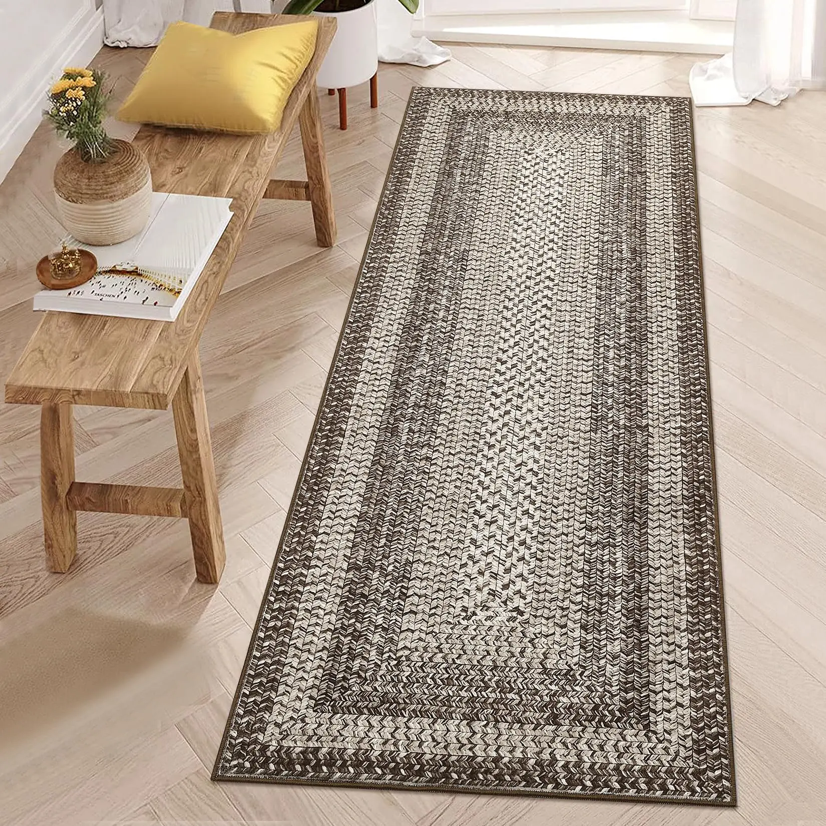 GARVEE Washable Runner Rug 2x10 Hallway Runners Braided Print Entryway Runners Non-Slip Kitchen Rug Runner Ultra-Thin Low Pile Farmhouse Floor Mat for Bedroom Bedside Laundry Boho Accent Carpet Tan