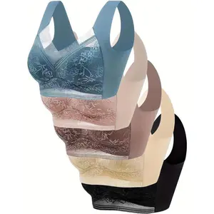 5 Pcs Comfy Elegant Floral Lace Wireless Bralette, Full Coverage Push Up Intimates Bra for Women's Lingerie & Underwear