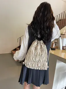 Water-Resistant Nylon Backpack, Casual Drawstring Closure, Plain Pattern, All Seasons Use, Stylish Foldover Design