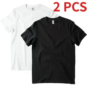 Unisex 2-Piece Pure Cotton Plain Round Neck Short-Sleeve T-Shirts - Solid, Loose-Fit, All-Match Casual Sports Tops, Ideal Couple Outfits, Halloween/Christmas Retro Vintage Graphic-Ready Gifts