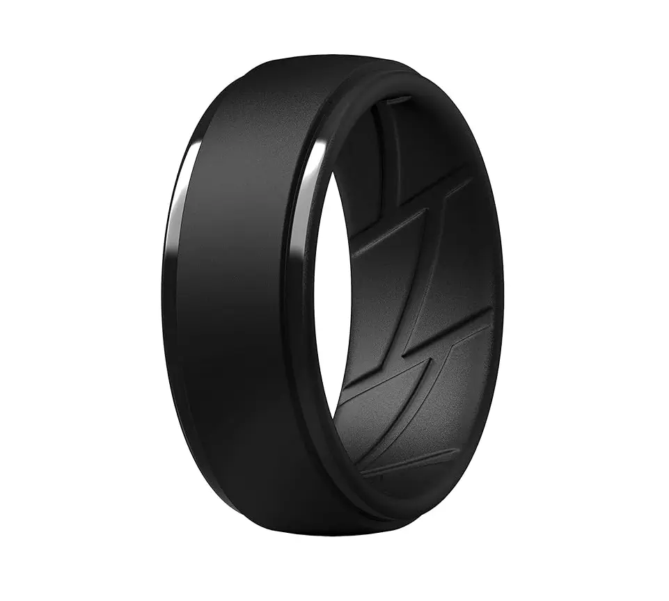 Black Oversize Silicone Men’s Wedding Rings, Size 7-16, 10mm Wide 2.5mm Thick Step Edge, Breathable Grooves Rubber Engagement Ring