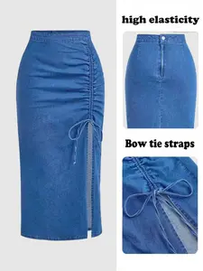 Women's Denim Half Skirt, Ruched Design, Drawstring Waist Design, Elastic Fit, Stretchy, Perfect for Casual Wear & Daily, Stylish Womenswear