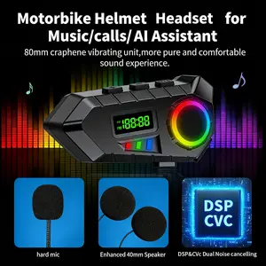 Helmet Bluetooth Headset V5.4, CVC Noise Cancelling, IP65 Waterproof Dustproof, AI Voice Assistant, RGB Ambient Light, FM Radio, 20H Long Battery, Custom Language, Hands-Free Call Music, Universal for Motorcycle & Ski Helmet All-Weather Riding