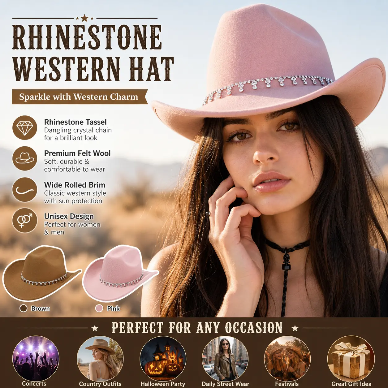 Women Men Rhinestone Tassel Western Cowgirl Cowboy Felt Hat, Wide Rolled Brim Wool Fedora Hat With Dangling Crystal Chain, Retro Western Hat For Country Concert, Halloween Party