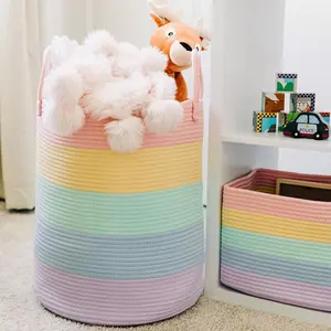 Cotton Rope Basket for Rainbow Classroom Decor 15x18 | Toy Basket for Pastel Room Decor | Playroom Organization and Storage | Toy Bins & Book Basket | Tall Blanket Basket for Living Room Organizing Organiser