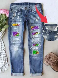 Jeans Mardi Gras Pants for Women Straight Leg Roll-up Denim Pants Distressed Frayed Raw Hem Boyfriend Jeans for Women